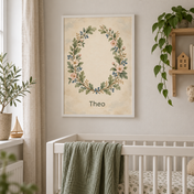 Woodland Botanical Crest personalised poster, in a child's bedroom, example name Theo