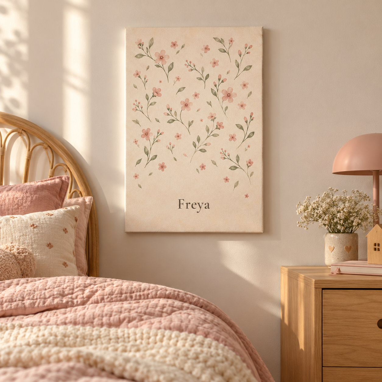 Flower Sprig Pattern personalised canvas, in a child's bedroom, example name Freya