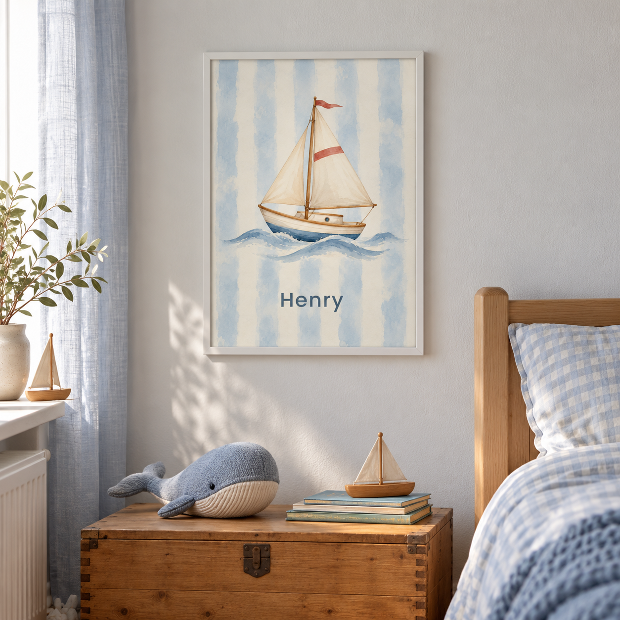Little Sailboat Club personalised poster, in a child's bedroom, example name Henry