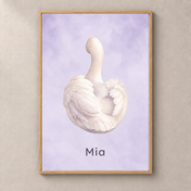Gentle Swan personalised poster with natural oak frame and example name Mia