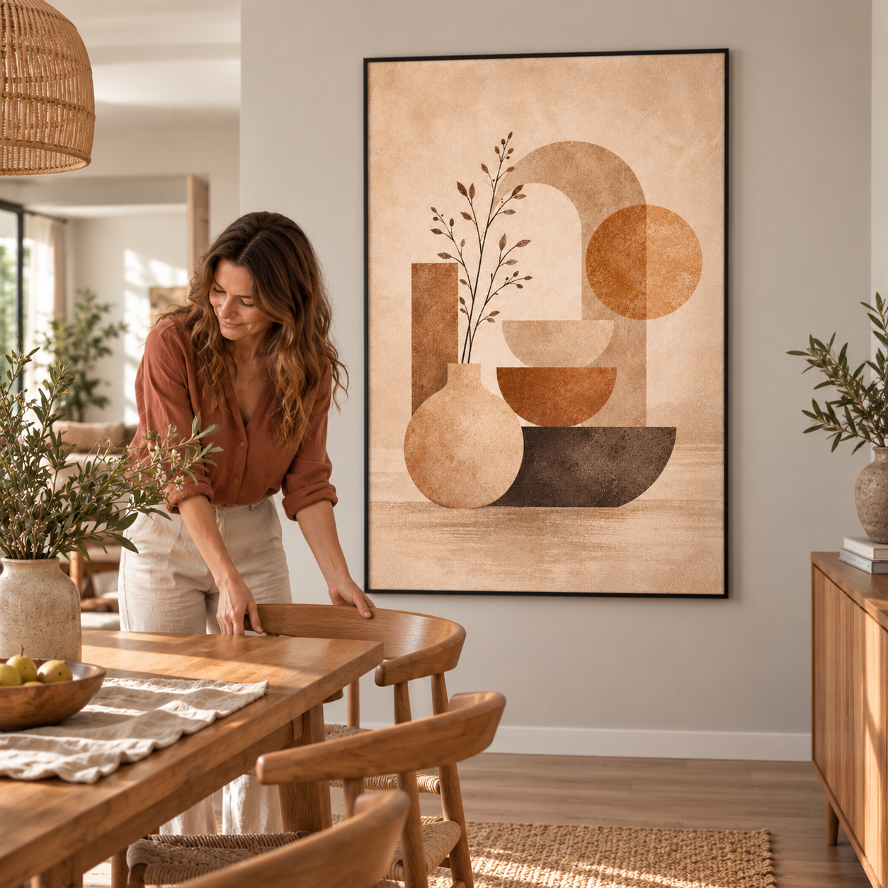 Geometric Earth Harmony No.4 framed poster in a warm dining space