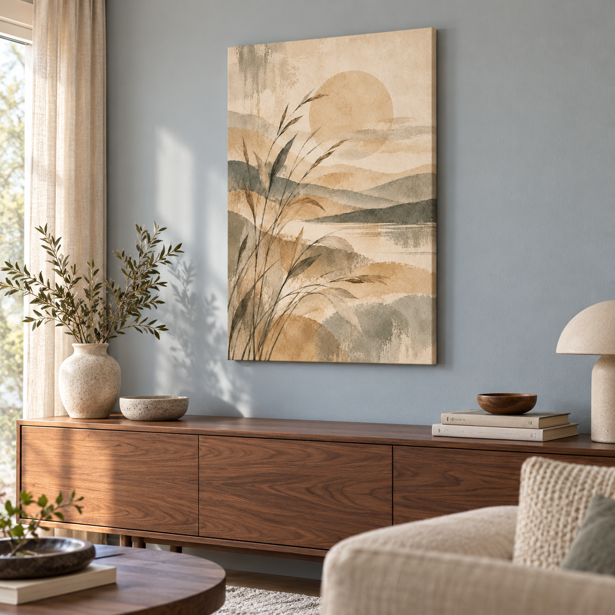 Horizon In Quiet Light - vertical canvas in a home interior