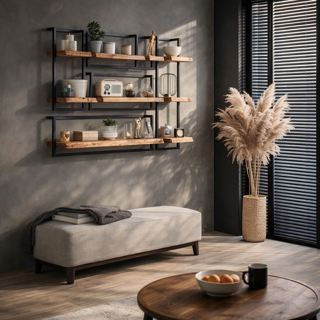 Modern living room with wooden shelves, a bench, and decorative items.
