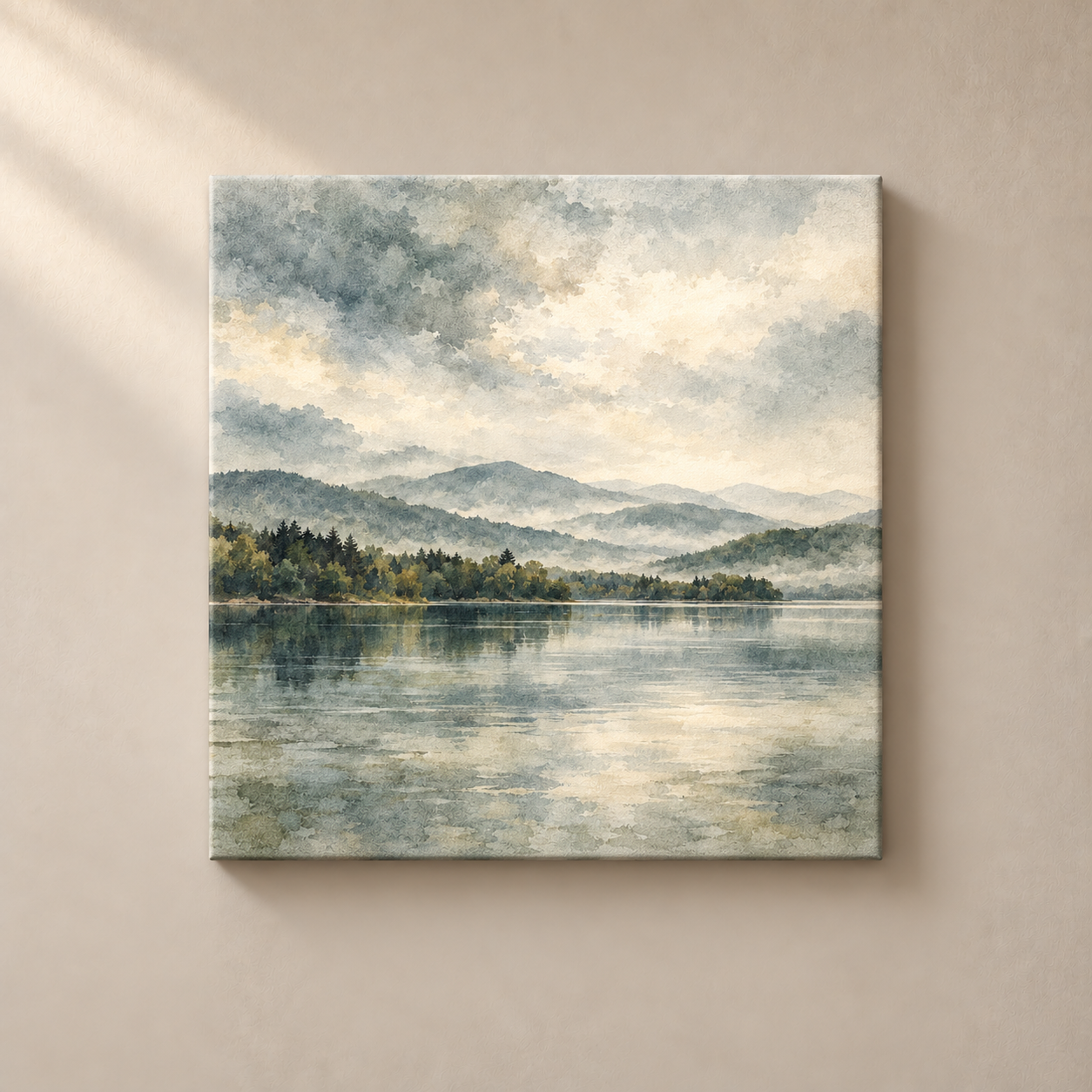 Lake Beneath the Mist frameless square canvas