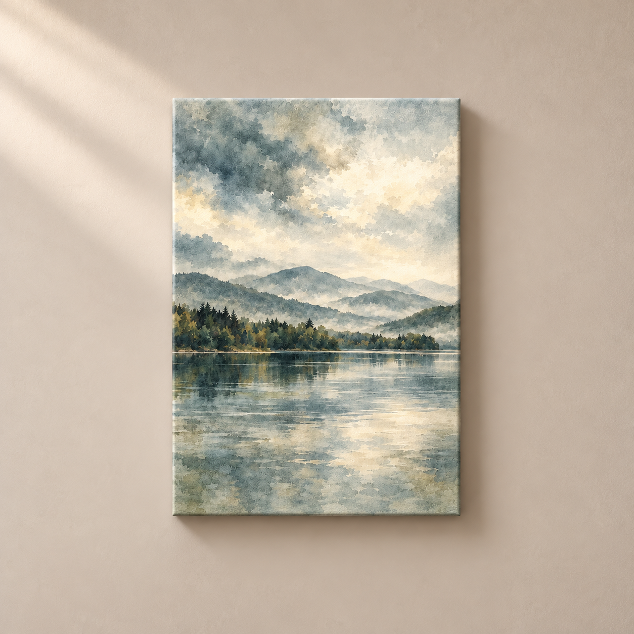 Lake Beneath the Mist vertical canvas on warm taupe wall