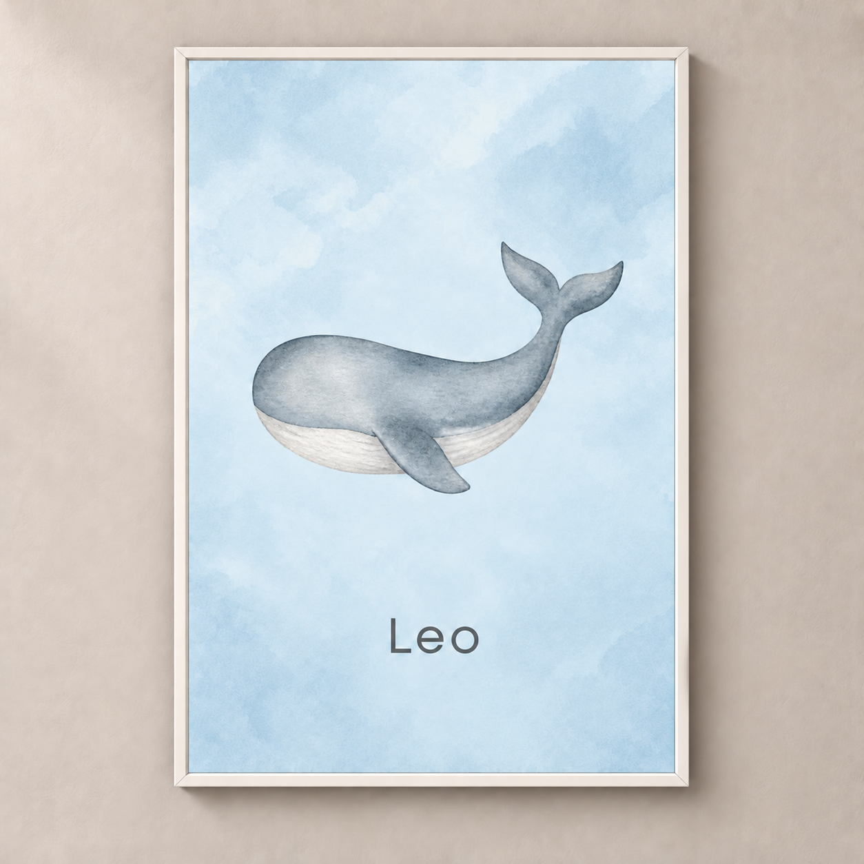 Little Whale personalised poster with white frame and example name Leo