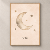 Moon and Stars personalised poster with natural oak frame and example name Sofia