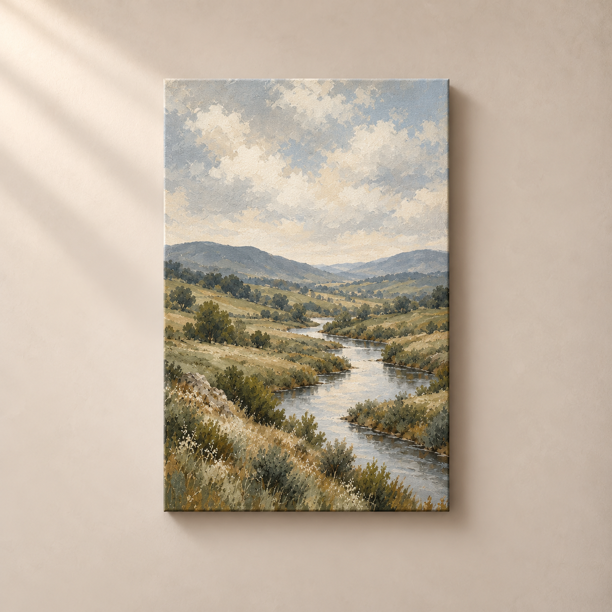 Moss Valley Drift vertical canvas on warm taupe wall