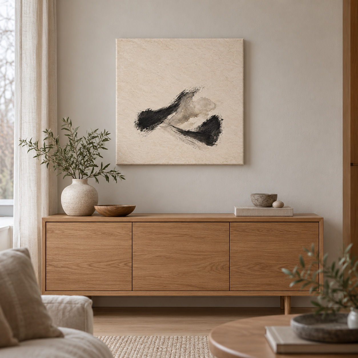 Quiet Charcoal Fold 60 x 60 cm canvas in a European interior