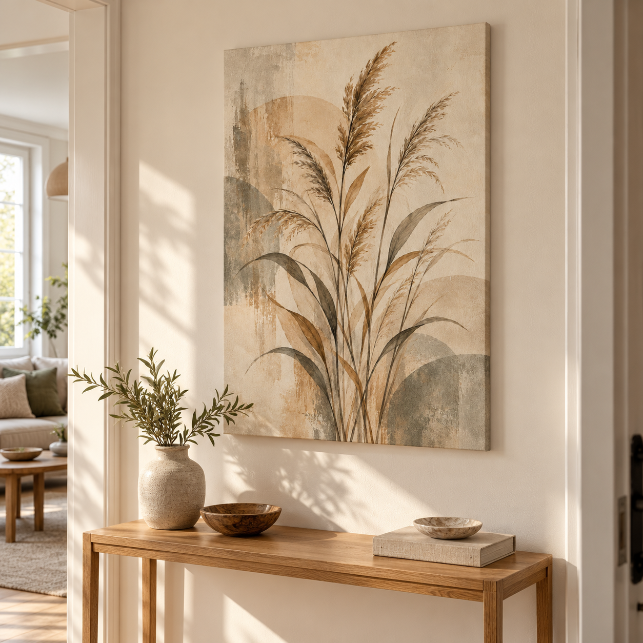 Reeds In Still Air - vertical canvas in a home interior