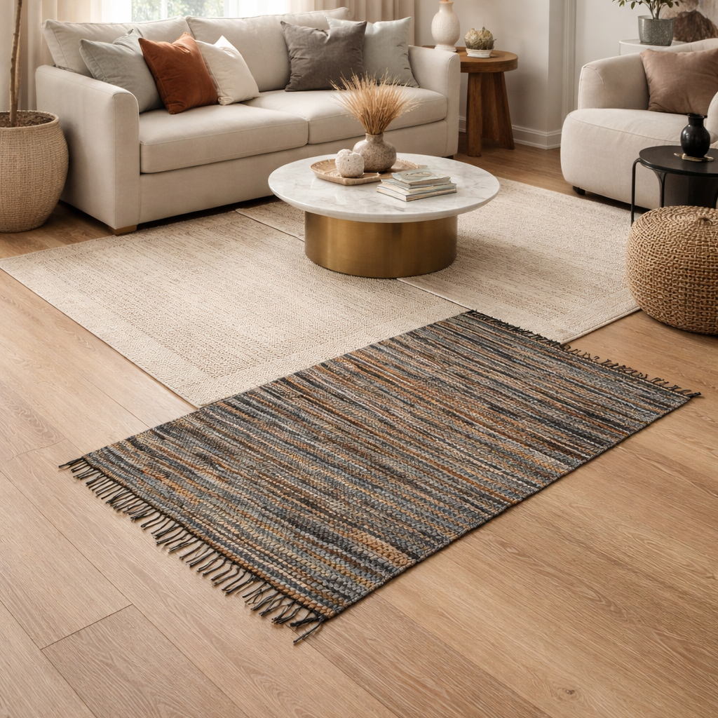 Living room with a beige sofa, coffee table, and decorative rug.