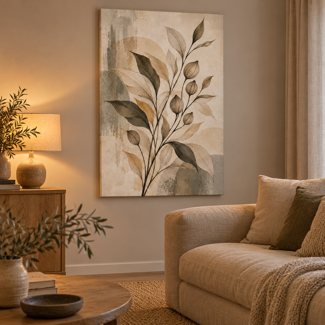 Seedpod Sketch - vertical canvas in a home interior