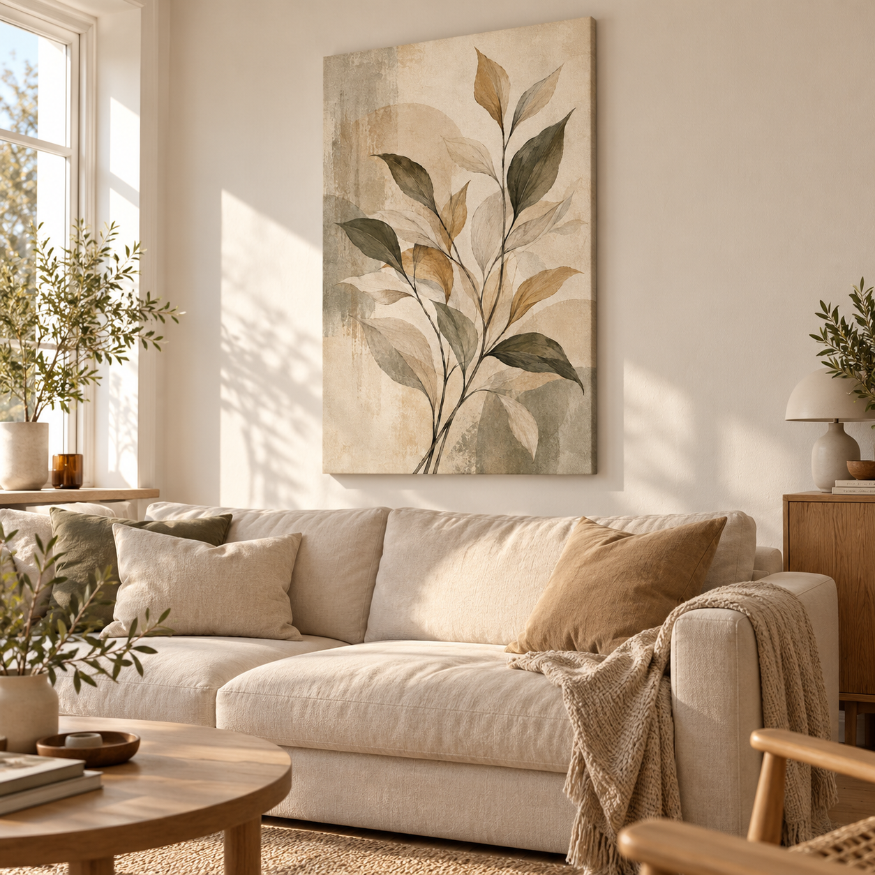 Serene Botanical Lines - vertical canvas in a home interior