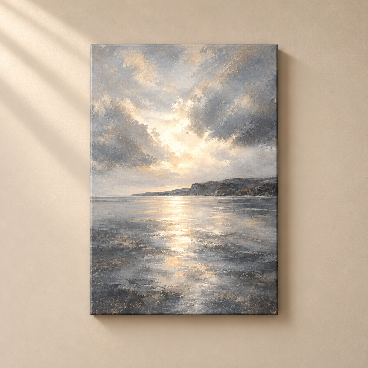 Silver Shore Rest vertical canvas on warm taupe wall