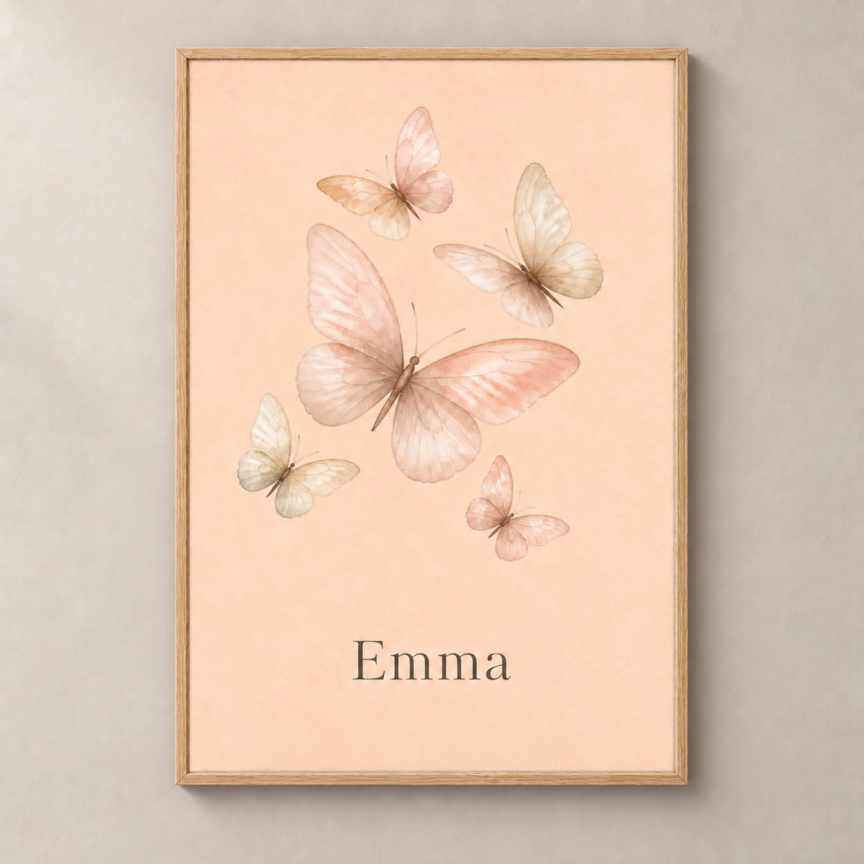 Soft Butterflies personalised poster with natural oak frame and example name Emma