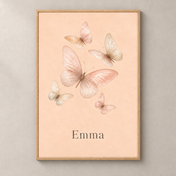 Soft Butterflies personalised poster with natural oak frame and example name Emma