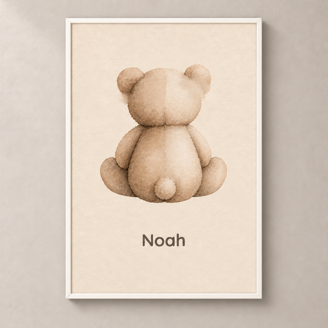 Teddy Bear personalised poster with white frame and example name Noah