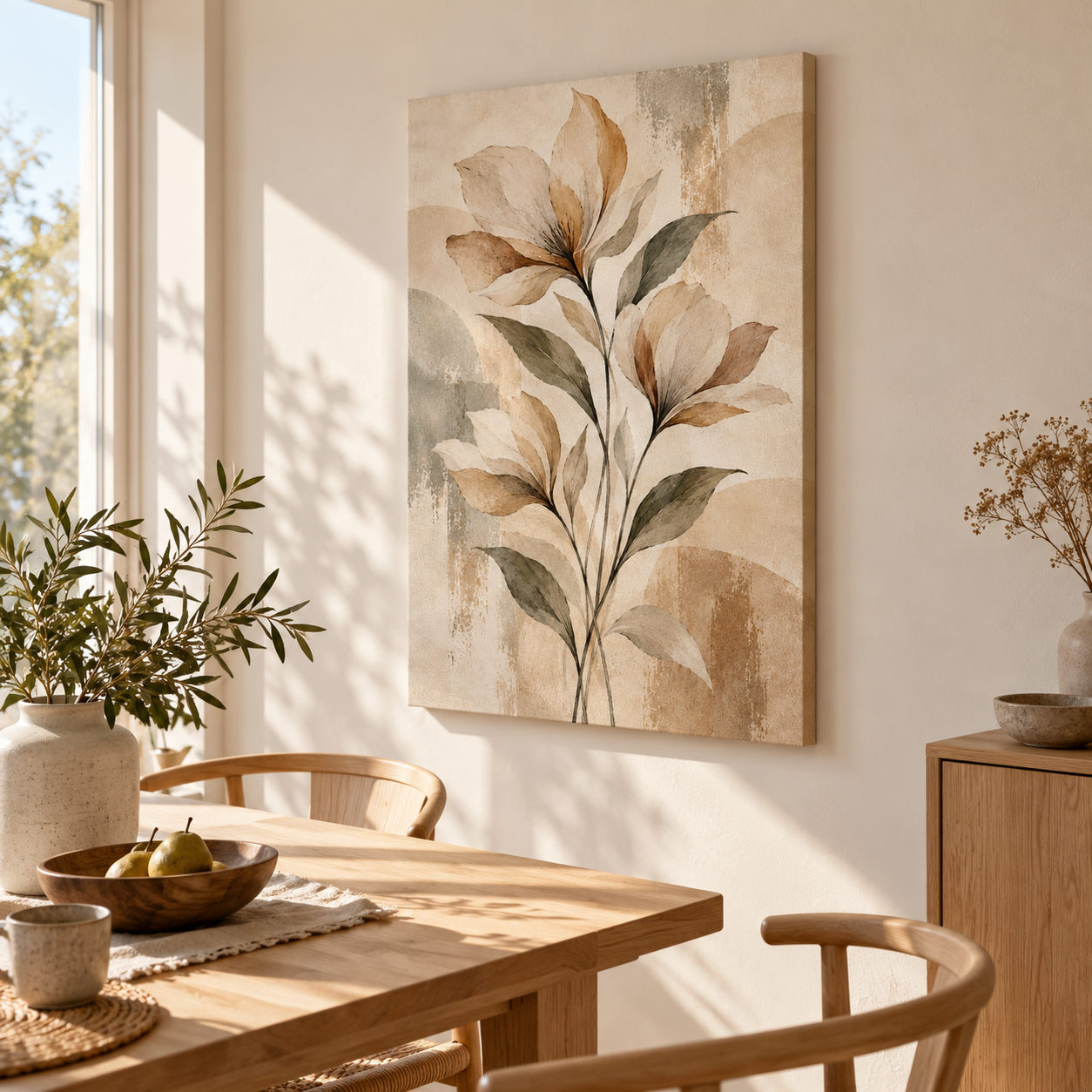 Three Soft Blooms - vertical canvas in a home interior