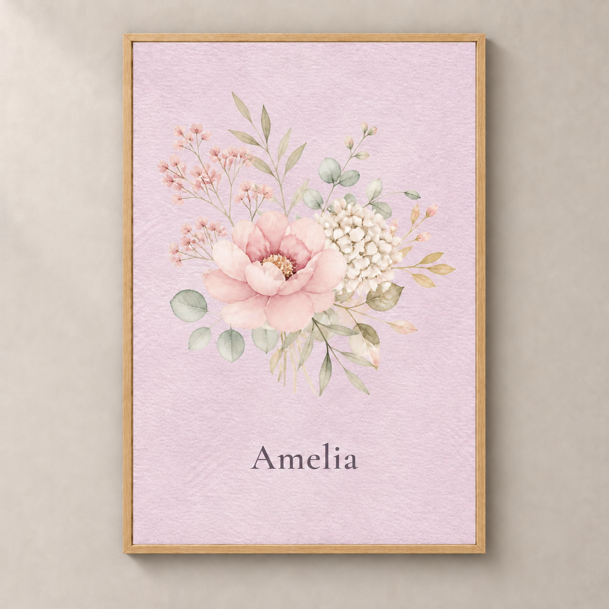 Wildflower Bouquet personalised poster with natural oak frame and example name Amelia